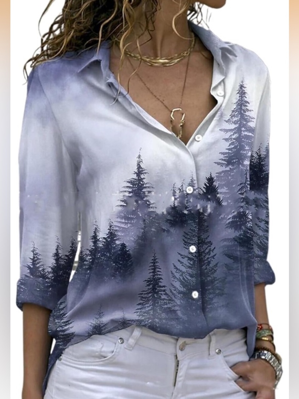 NWT DOSE white/lavender  button down twilight forest print shirt size M
